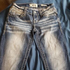 Blue Straight Leg Jeans with Distressed Look